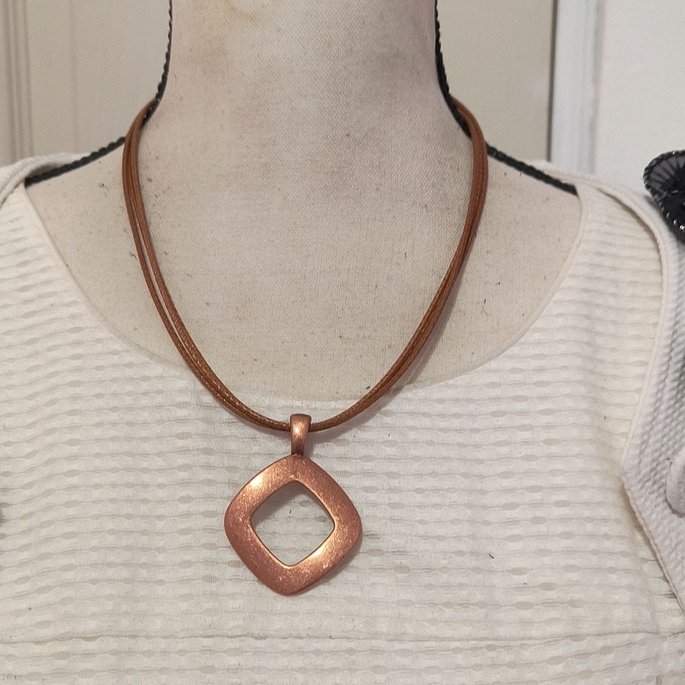 Premier Designs Embers Copper Tone Pendant with Two Strands Brown Cord Necklace